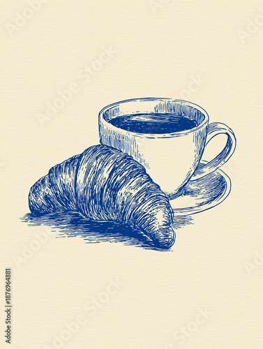 coffee, blue ink, line drawing, cream background,
