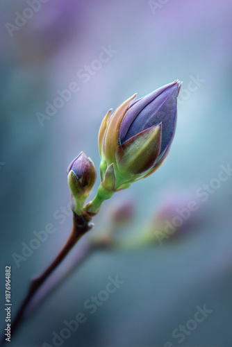 Close-up macro photograph of a delicate flower bud just before blooming, spring energy