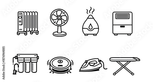 Household appliances line icons set