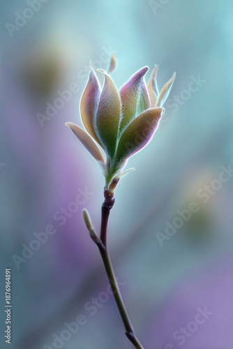 Close-up macro photograph of a delicate flower bud just before blooming, spring energy