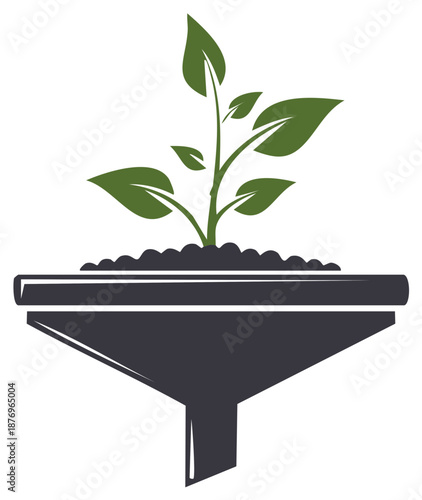 Sustainable green plant growing from fertile soil in a dark funnel symbol of natural development