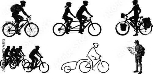Cyclists and bike travelers riding bicycles, tandem biking, group cycling, outdoor adventure, touring, eco transportation, active lifestyle silhouette illustration