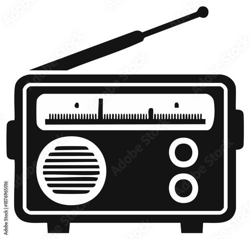 Monochromatic Vintage Portable Radio Icon Silhouette with Antenna and Dial for Retro Communication