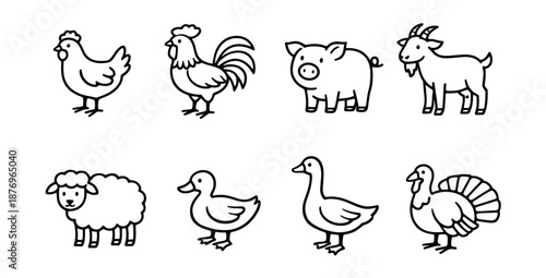 Farm animals line drawings set