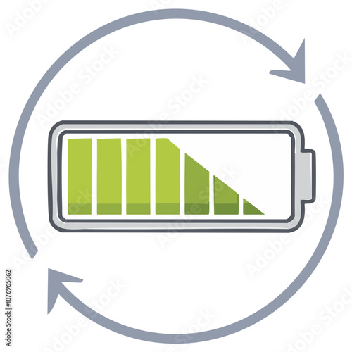 Battery power level indicator with circular arrows symbolizing recharge cycle or energy efficiency