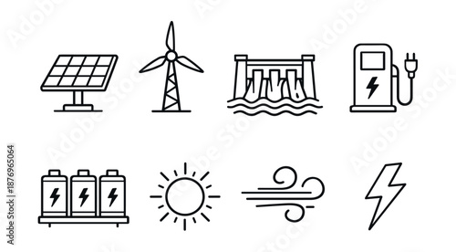 Renewable Energy and Electricity Line Icons Set