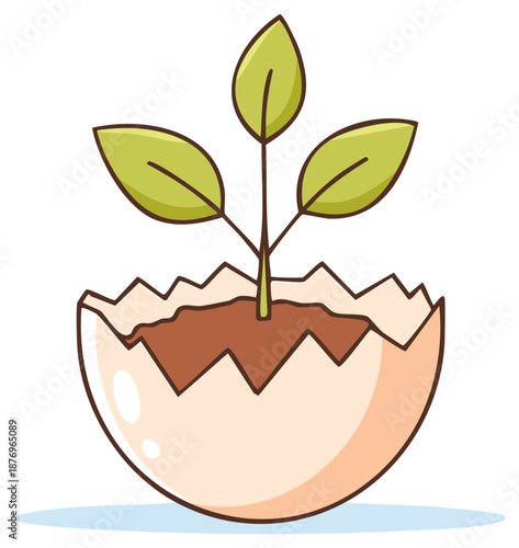 Eggshell planter: Cartoon sprout growing from cracked eggshell with soil.