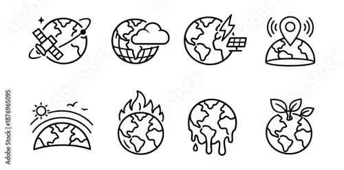 Global environmental and technological line icons set