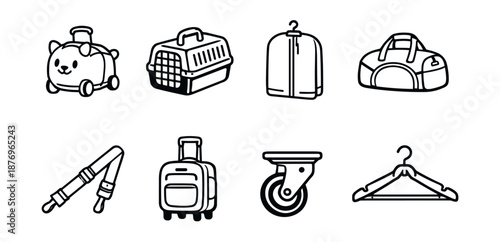 Travel and pet accessories outlined icons set