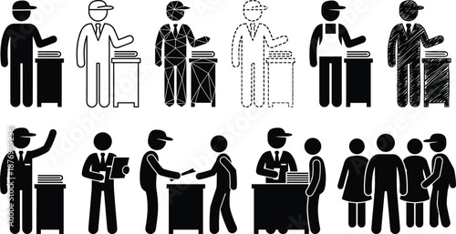 Event staff distributing documents and checking registration, public information desk interaction, customer assistance, paperwork processing, business service silhouette icons illustration