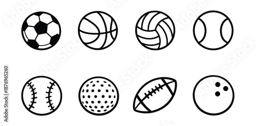 Sports balls black and white icons set
