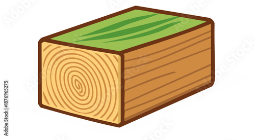 Cartoonish Wooden Block with Growth Rings and Green Top