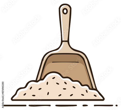 Dustpan collecting small particles representing dirt or debris in a simple illustration