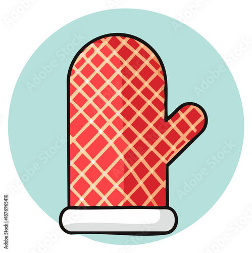 Illustration of a red oven mitt, detailed pattern, within a teal circle.