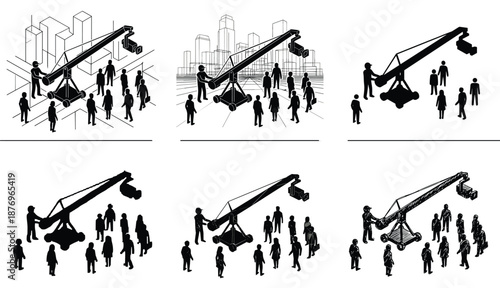 Film camera crane with operator and crowd in urban environment, movie production boom arm equipment, filmmaking scene illustration with city background silhouettes