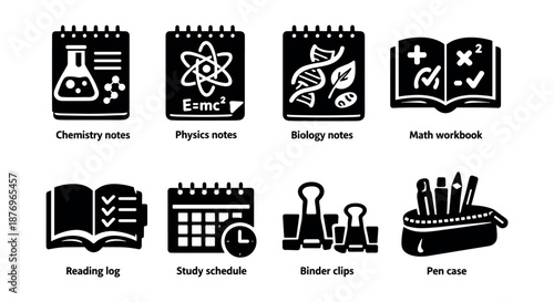 Educational and office black and white icons set