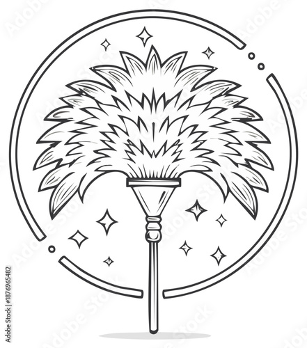 Black and white line art of a duster in a circle with star details