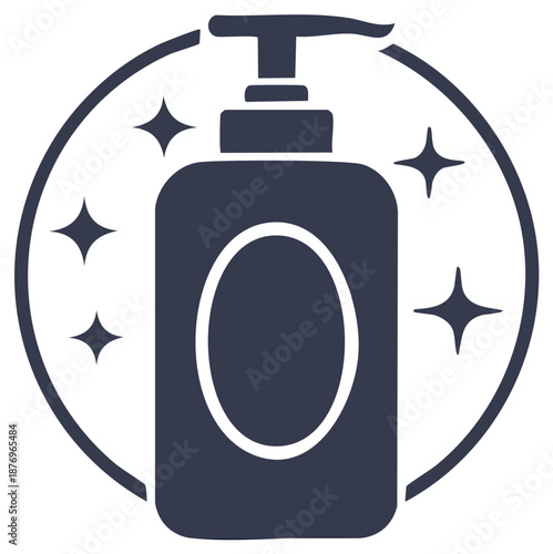 Stylized Illustration of Hand Sanitizer Dispenser Surrounded by Stars in a Circular Frame