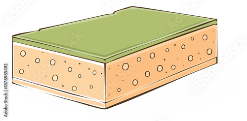 Illustration of a cheese slice with holes and a green topping