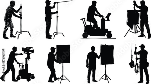Film crew technicians setting up lighting, camera dolly, and studio equipment on production set, cinematography workflow, behind-the-scenes movie making silhouette illustration