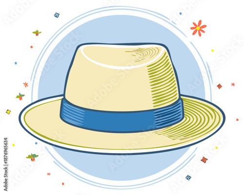 Cartoon summer hat illustration with a blue ribbon and festive confetti for a vacation or party concept.
