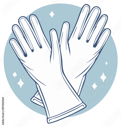 Illustration of clean gloves in a blue circle with sparkling details, for cleaning and hygiene