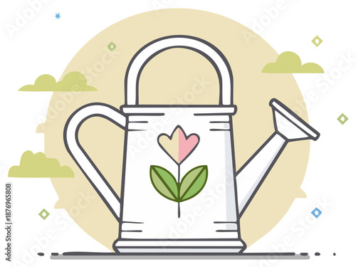 Cute white watering can with flower design in a simple line art vector illustration for spring gardening