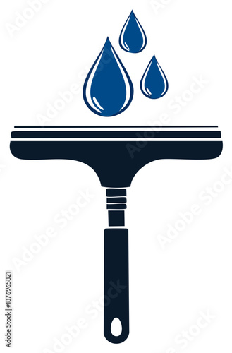 Blue water droplets above a dark squeegee, icon for professional cleaning and washing services.