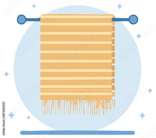 Cartoon Illustration of a Clean Yellow Striped Towel Hanging on a Bathroom Rack