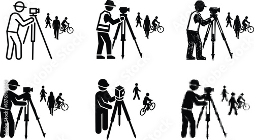 Land surveyors using tripod instruments in urban environment, professional measurement work, mapping, geospatial data collection, engineering fieldwork silhouette illustration