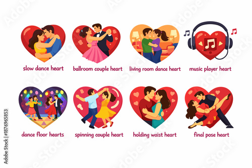 Dance-themed heart-shaped icons collection
