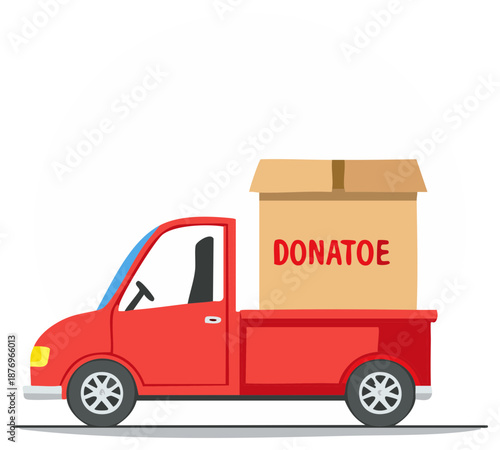 Cartoon red pickup truck carrying a cardboard donation box isolated