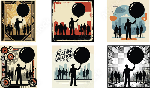 Retro weather balloon scene with silhouetted people and city skyline, vintage poster style, scientific observation, atmospheric research concept, graphic illustration