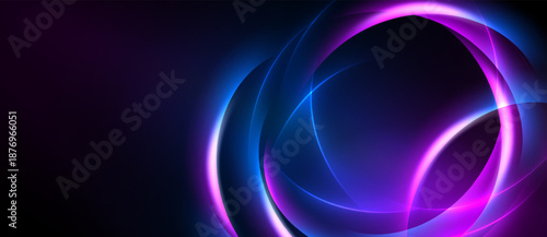 Abstract neon circles, vibrant purple hues, dark background. Modern design, glowing lines create dynamic visual impact.
