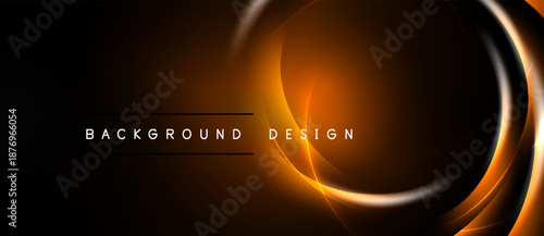 Dark background features orange glowing curves. Modern design elements create dynamic visual impact. Simple text labels bottom center.