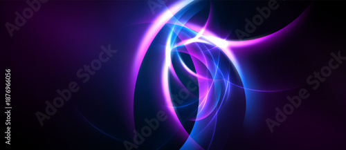 Abstract swirls, vibrant purple, blue hues create dynamic energy. Light radiates, forming captivating visual experience.
