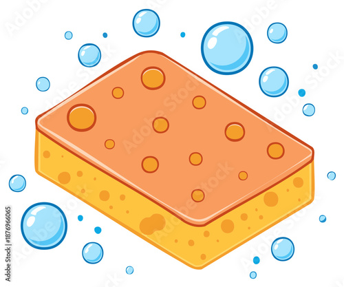 Cheerful cartoon illustration of a porous orange cleaning sponge and floating blue soap bubbles