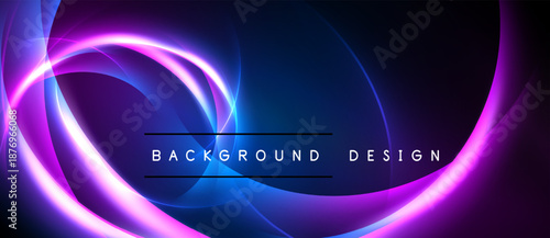 Abstract neon swirls, vibrant purple, blue hues. Dark background creates dramatic effect. Text reads background design. Modern, dynamic visual.