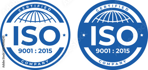 ISO 9001:2015 Certified Company vector badge set, blue and white design