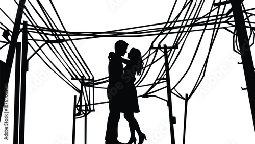 Romantic couple silhouette embracing under tangled power lines and utility poles, urban love scene for posters, graphic design, illustration, creative artwork