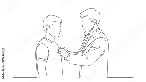 A doctor is examining a male patient using a stethoscope to listen to his heartbeat