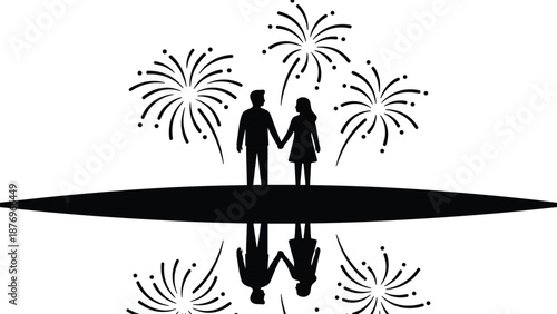 Romantic couple watching fireworks together silhouette, celebration, love, reflection, special moment, relationship joy concept, black white vector illustration