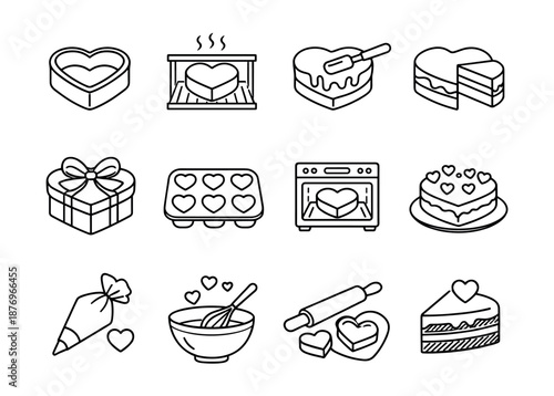 Heart-themed baking and dessert line icons set