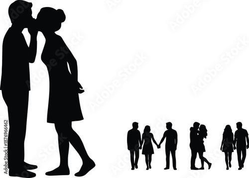 Romantic couple whispering secret silhouette with love relationship stages set, intimacy, trust, affection concept, black white vector illustration