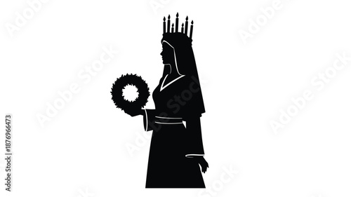 Silhouette of a regal woman with a crown and halo depicted in a stark contrast