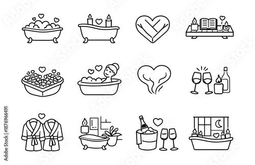 Romance and relaxation bath line icons set