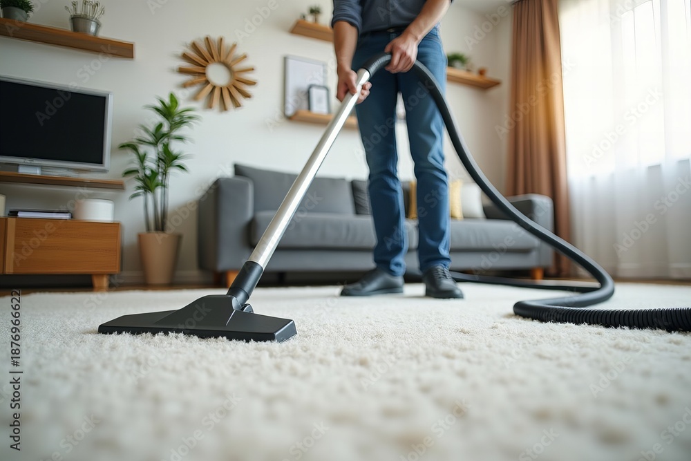 Fototapeta premium Male Janitor Using Vacuum Cleaner to Clean Carpet in Living Room