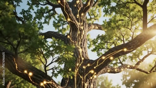 Majestic tree with glowing roots in enchanted forest at sunset
