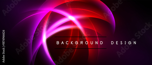 Abstract neon light shapes form dynamic background. Vivid purple, red hues create futuristic design. Bright glow radiates from center.