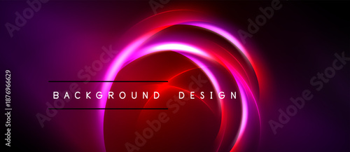 Abstract neon circles overlap dark background. Vibrant pink, red hues create dynamic visual effect. Text reads background design.